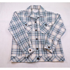 Boston Traders Women M Plaid Shacket Blue Cream Wool Blend Grandma Coast Boxy